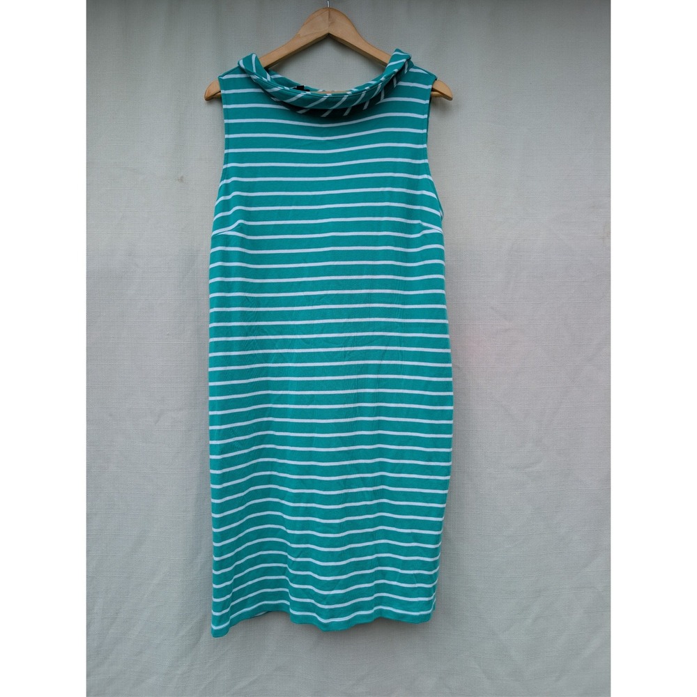 Talbots Womens XL Teal White Striped Cotton Cowl Neck‎ Sleeveless Sheath Dress